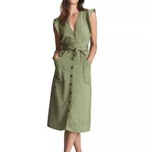New REISS Emma Tie Waist Midi Shirtdress in Khaki Size 8 US / 12 UK
